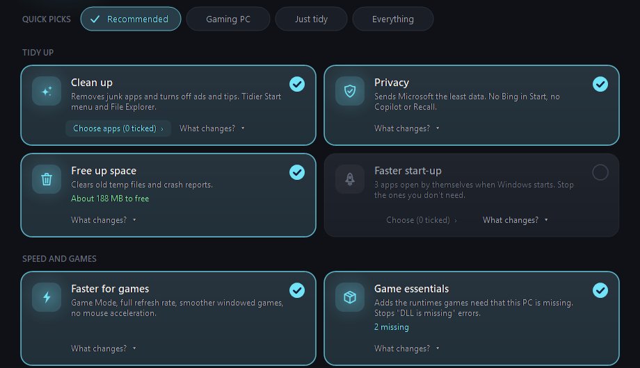 Ghost Setup's main screen: switches for Clean up, Privacy, Free up space, Faster start-up, Faster for games and Game essentials